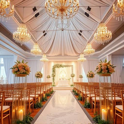 A wide shot of the wedding ceremony venue, beautifully decorated and captured by Luminous Lens Studio.